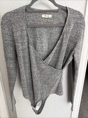Madewell Gray Wrap Front Long Sleeve Bodysuit